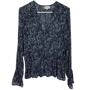Bella Dahl Animal Print Peplum Blouse Womens Size Large Long Sleeve Black